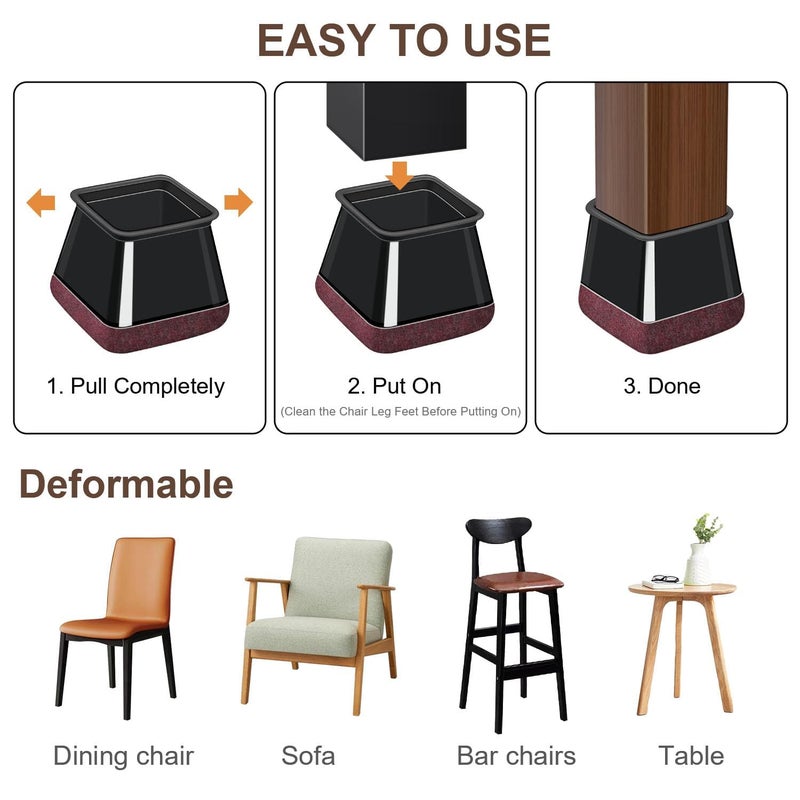 OCONDA 20 Pcs Chair Leg Floor Protectors for Hardwood Floors, Black Rubber Furniture Sliders with Felt, Silicone Furniture Leg Caps Covers (Fit Square Diameter:1.5"" to 1.75"") - Image 4